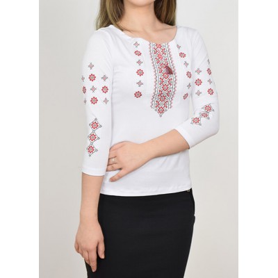 Embroidered t-shirt with 3/4 sleeves "Ornament" red on white